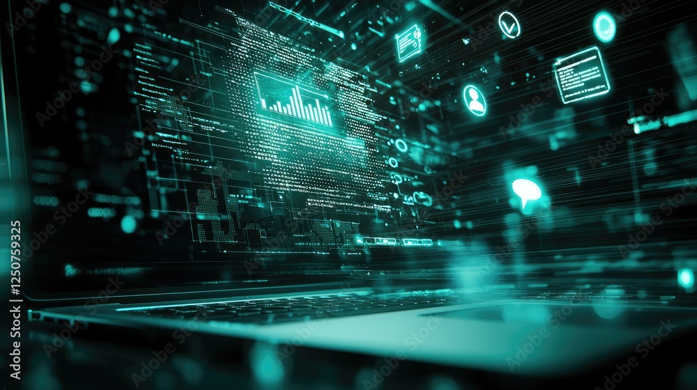 Poster digital interface with data visualization and analytics on laptop