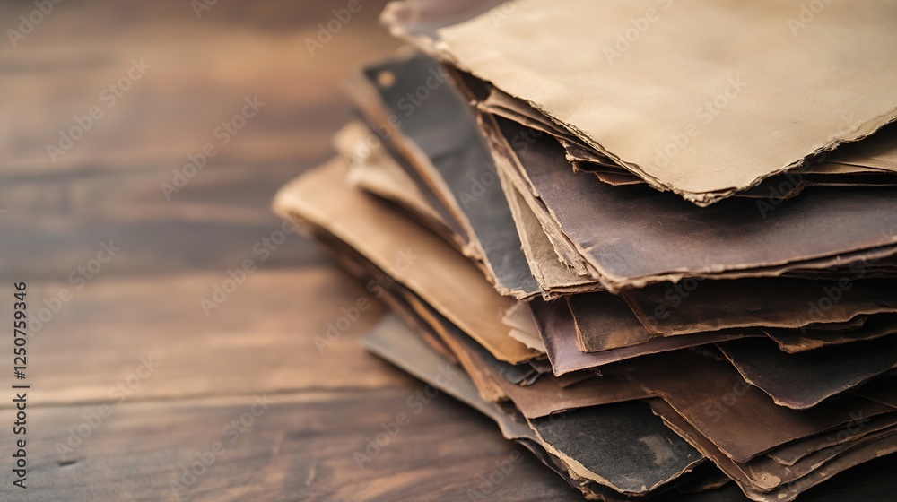 Poster Stack of Aged and Worn Papers with Vintage Appeal on a Wooden Surface Perfect for Background Use : Generative AI