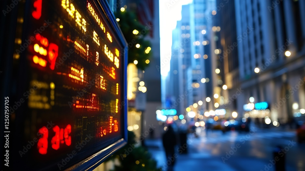 Poster illuminated stock ticker display against a blurred city street scene at dusk in an urban environment