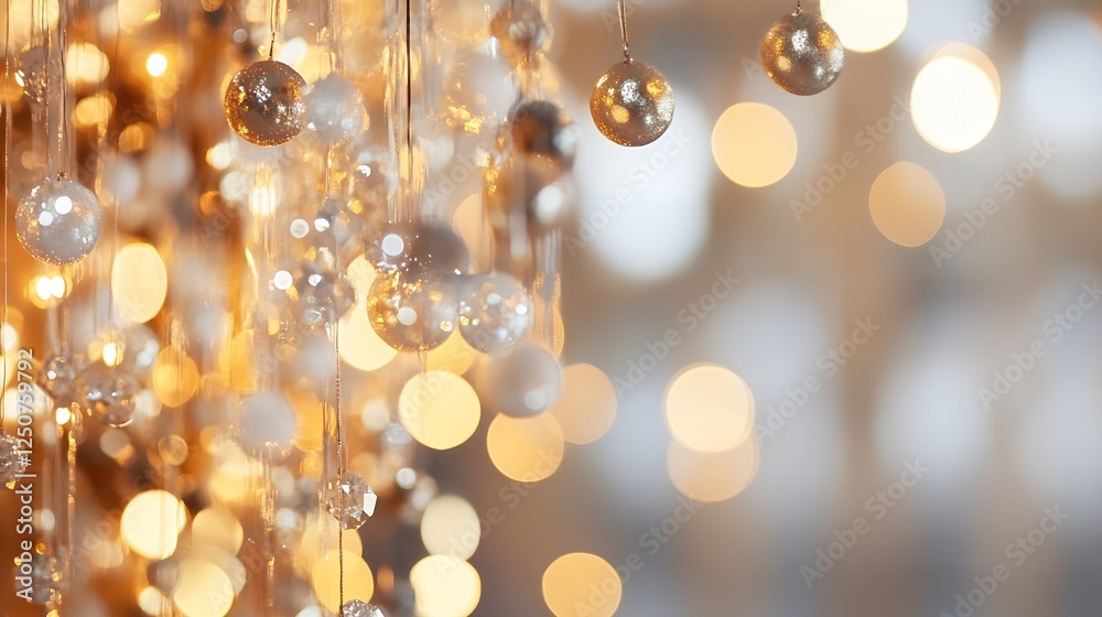 Poster a stunning closeup of elegant chandelier with shimmering beads and vibrant bokeh background in warm 