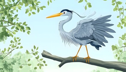 Obraz premium Grey Heron Perched on Branch Amongst Green Leaves