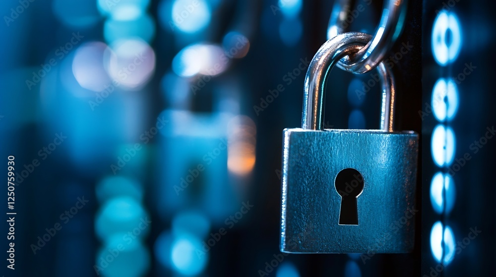 Poster Close up of a metallic padlock with a keyhole reflecting light in a secure environment : Generative AI
