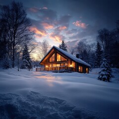 Cozy cabin retreat amidst deep snowy landscape at dusk winter wonderland photography tranquil environment warm glow