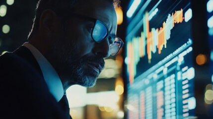 Business professional analyzing financial data on a digital screen during nighttime in a modern office environment