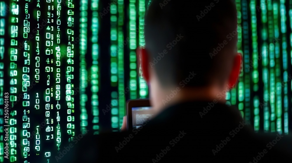 Poster A person working on a tablet surrounded by flowing digital code in a dark environment : Generative AI
