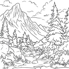 Simple Coloring Page Illustration Majestic Mountain Range for Creative Relaxation