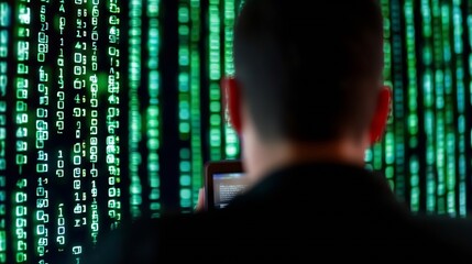 A person working on a tablet surrounded by flowing digital code in a dark environment : Generative AI