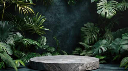 A textured stone podium surrounded by tropical greenery, ready for product display.