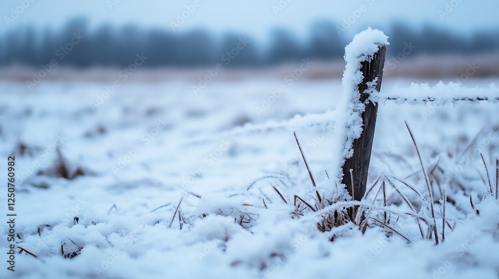 Poster snowcovered fence post surrounded by frosty field in winter landscape : generative ai