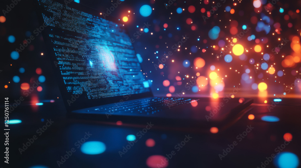 Poster vibrant data streams surround an open laptop glowing with code in a dark environment