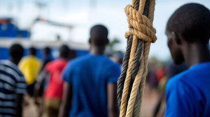 Young people gathered at a port with a rope in the foreground creating a sense of community : Generative AI