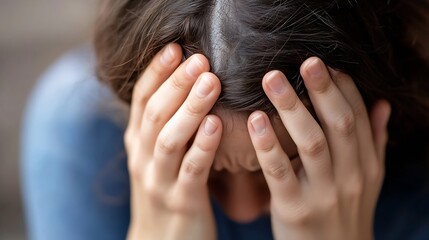 Fototapeta premium A woman covering her face with both hands in a moment of despair showcasing inner turmoil : Generative AI