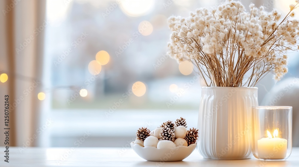 Poster charming rustic decor featuring cotton flowers and pinecones in a serene indoor setting for a cozy a