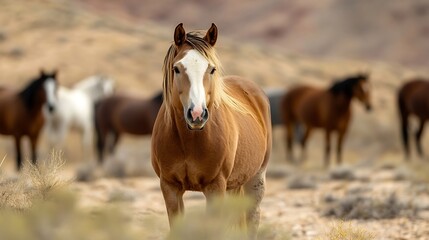 Obraz premium Stunning closeup of a beautiful horse in a desert landscape showcasing wild spirit and grace : Generative AI