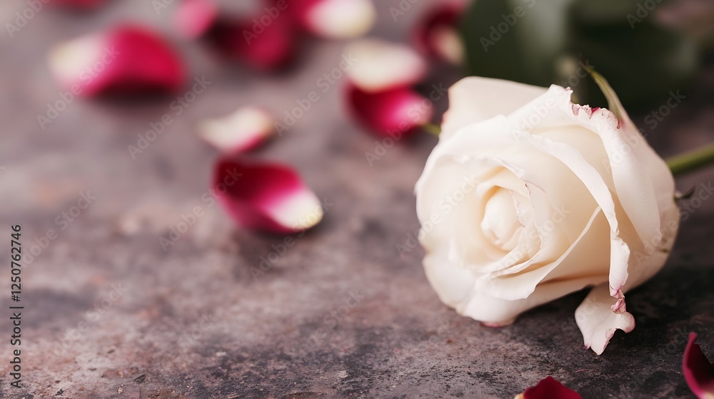 Poster elegant white rose surrounded by petals on a textured gray background : generative ai