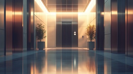 An empty building corridor with a passenger elevator in the middle, softly illuminated.