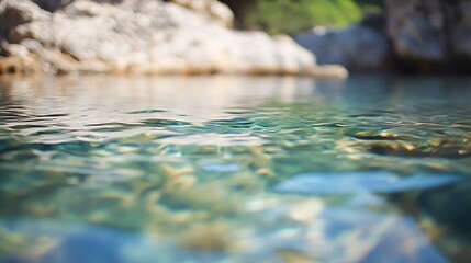 Fototapeta premium Clear turquoise water reflecting sunlight against rocky coastal scenery : Generative AI