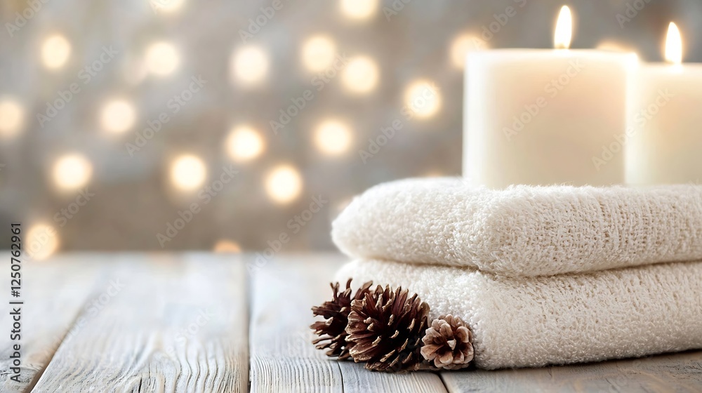 Poster Soothing candles placed on soft towels with pine cones creating a relaxing spalike ambiance : Generative AI