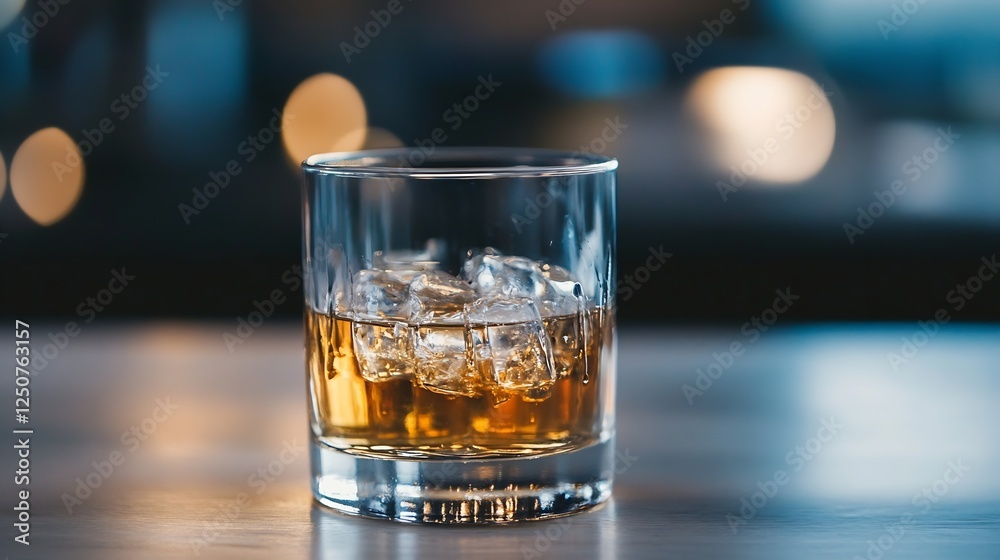 Poster Chilled whiskey with ice cubes in a glass on a softly illuminated bar environment : Generative AI