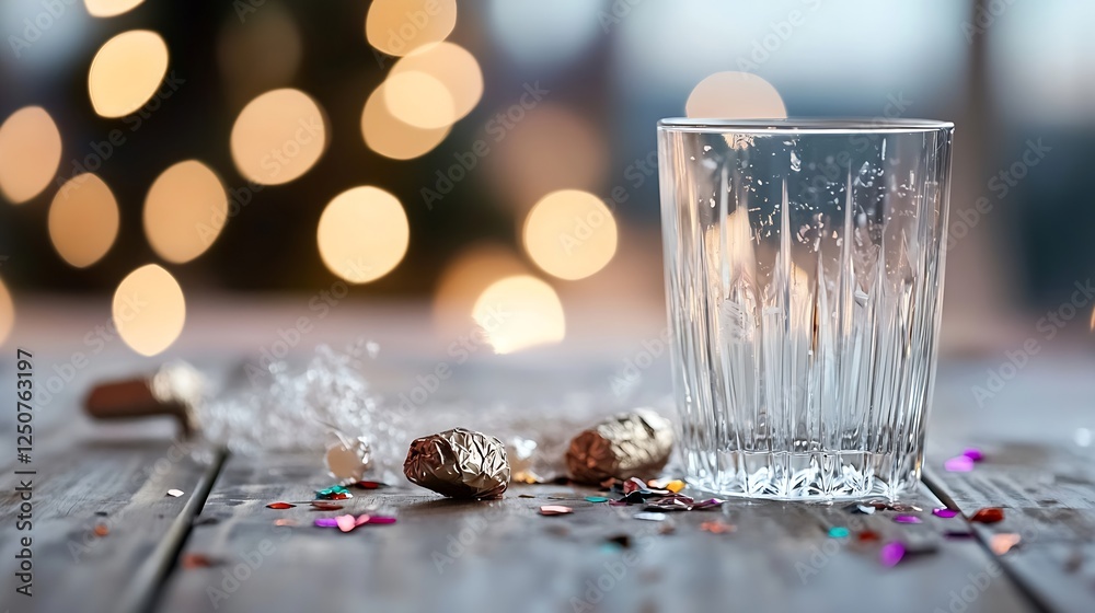 Poster Empty glass with festive decorations and sparkling lights creating a magical holiday atmosphere : Generative AI