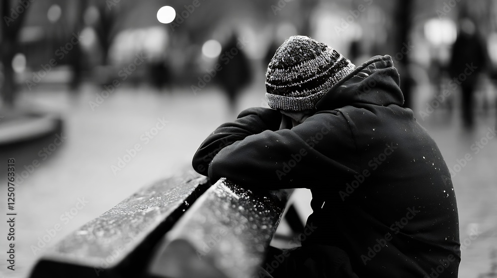 Poster Sad figure resting with head down on a bench in a blurred park setting emphasizing deep emotions : Generative AI