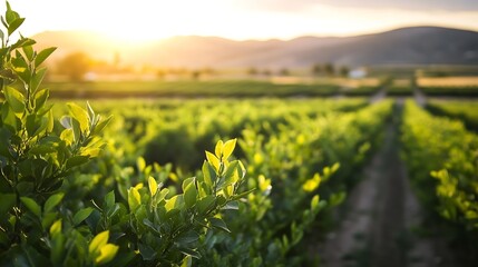 Beautiful green fields under the golden sunlight at sunset creating a serene landscape : Generative AI