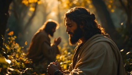 Man Praying in Forest with Sunlight Beams and Peaceful Environment