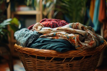 Wicker basket filled with fresh laundry in a cozy indoor space surrounded by green plants