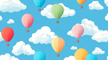 Poster Colored hot air balloons seamless pattern on light blue sky background with white clouds for travel design