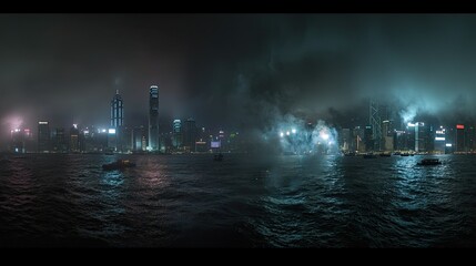 Fototapeta premium Majestic Night Skyline of Hong Kong with Fog and Vibrant Lights