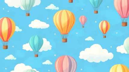 Colored hot air balloons seamless pattern on light blue sky background with white clouds for travel design