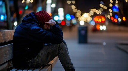 Homeless person sitting alone on a bench in the city at night surrounded by colorful blurred lights : Generative AI