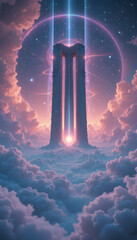 otherworldly space horizon with soft neon vapor clouds, an enormous glowing portal in the sky, and an ancient floating monolith radiating energy beams