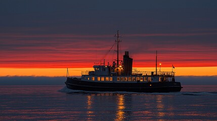 Fototapeta premium Ferry at sunset, calm water, fiery sky, tranquil scene, possible use stock photo