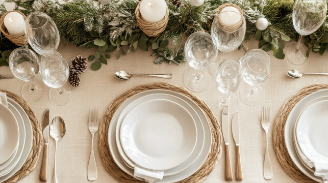 Elegant dining table setting with greenery, candles, and woven placemats for special occasions - Powered by Adobe