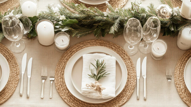 Elegant dining table setting with greenery, candles, and woven placemats for special occasions