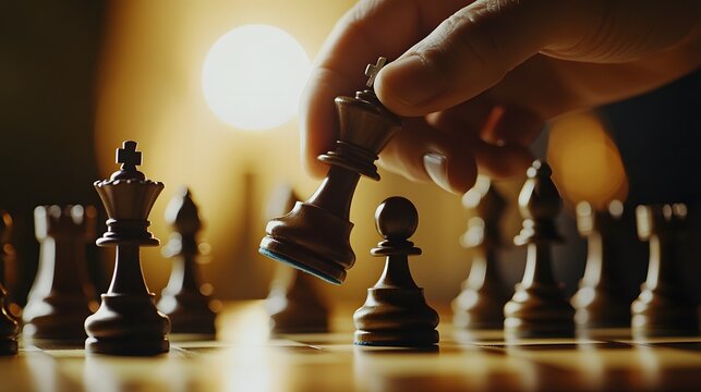 Chess player's hand making a decisive move, showcasing strategy, focus, and intellectual competition in a dramatic and intense setting