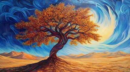 A vibrant painting of a solitary tree in a colorful desert landscape, embodying autumn hues and swirling skies.