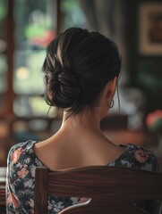 A serene image showcasing a woman with a stylish bun hairstyle, viewed from the back. The cozy indoor setting enhances the calm atmosphere.