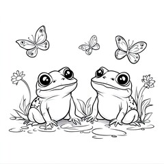 Fototapeta premium Charming Toad and Butterfly Coloring Page Simple Amphibian and Insect Illustration