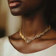 Elegant close-up of a woman wearing a stunning gold and silver necklace, showcasing intricate design and refined craftsmanship. Perfect for jewelry lovers.