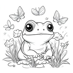 Fototapeta premium Charming Toad and Butterfly Coloring Book Page Simple Design for Creative Fun