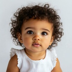 Naklejka premium Adorable baby with curly hair and bright eyes, wearing a white sleeveless outfit, posing against a neutral background.
