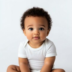 Naklejka premium Adorable baby boy with curly hair sitting against a clean background, showcasing innocence and charm in a simple white onesie.