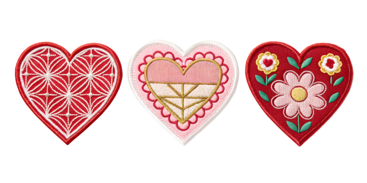 Heart Embroidered Patch Badge on White, Love Themed Embroidery, Cute Fashion Accessory, PNG Transparent