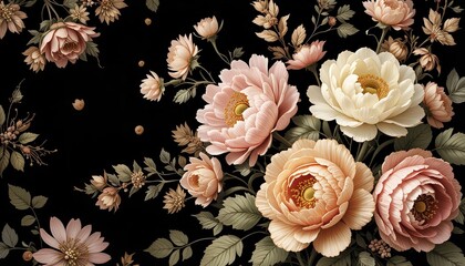 Elegant Pastel Pink Peach Roses Floral Bouquet Dark Background Romantic Vintage Style Botanical Illustration Beautiful Flower Art Print Design card   