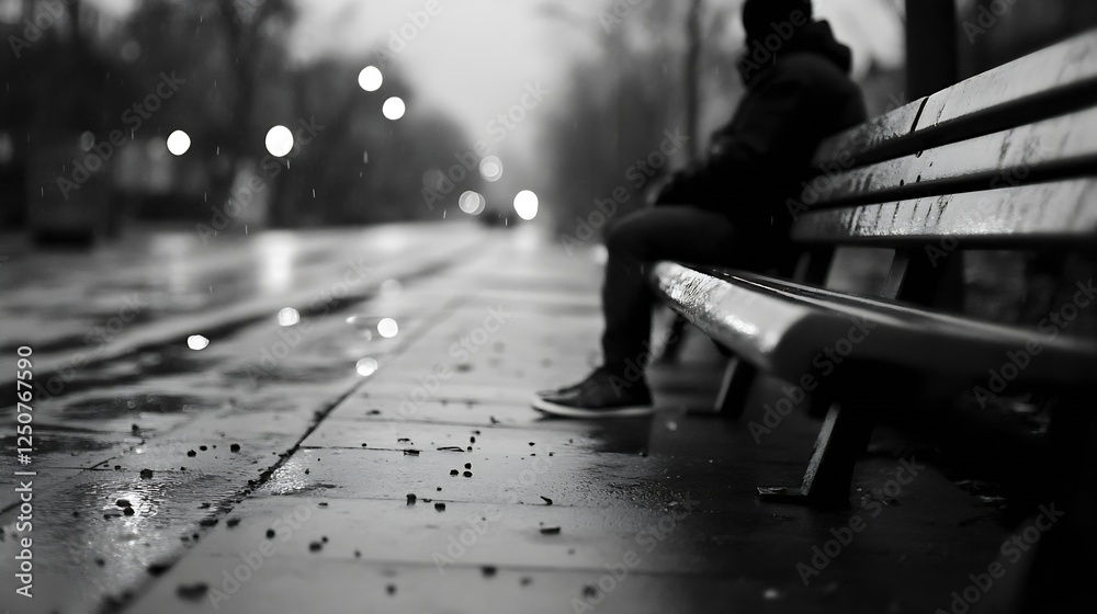 Poster a blurred view of a person sitting alone on a park bench during a rainy day capturing an atmosphere 