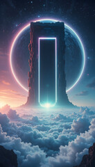 otherworldly space horizon with soft neon vapor clouds, an enormous glowing portal in the sky, and an ancient floating monolith radiating energy beams