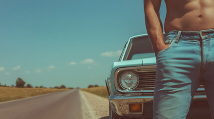 man standing by vintage car on roadside.