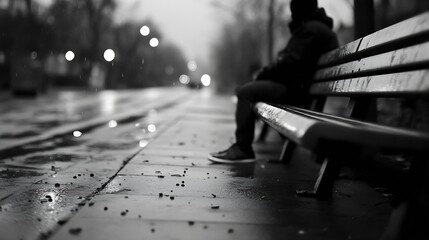 Obraz premium A blurred view of a person sitting alone on a park bench during a rainy day capturing an atmosphere of solitude : Generative AI
